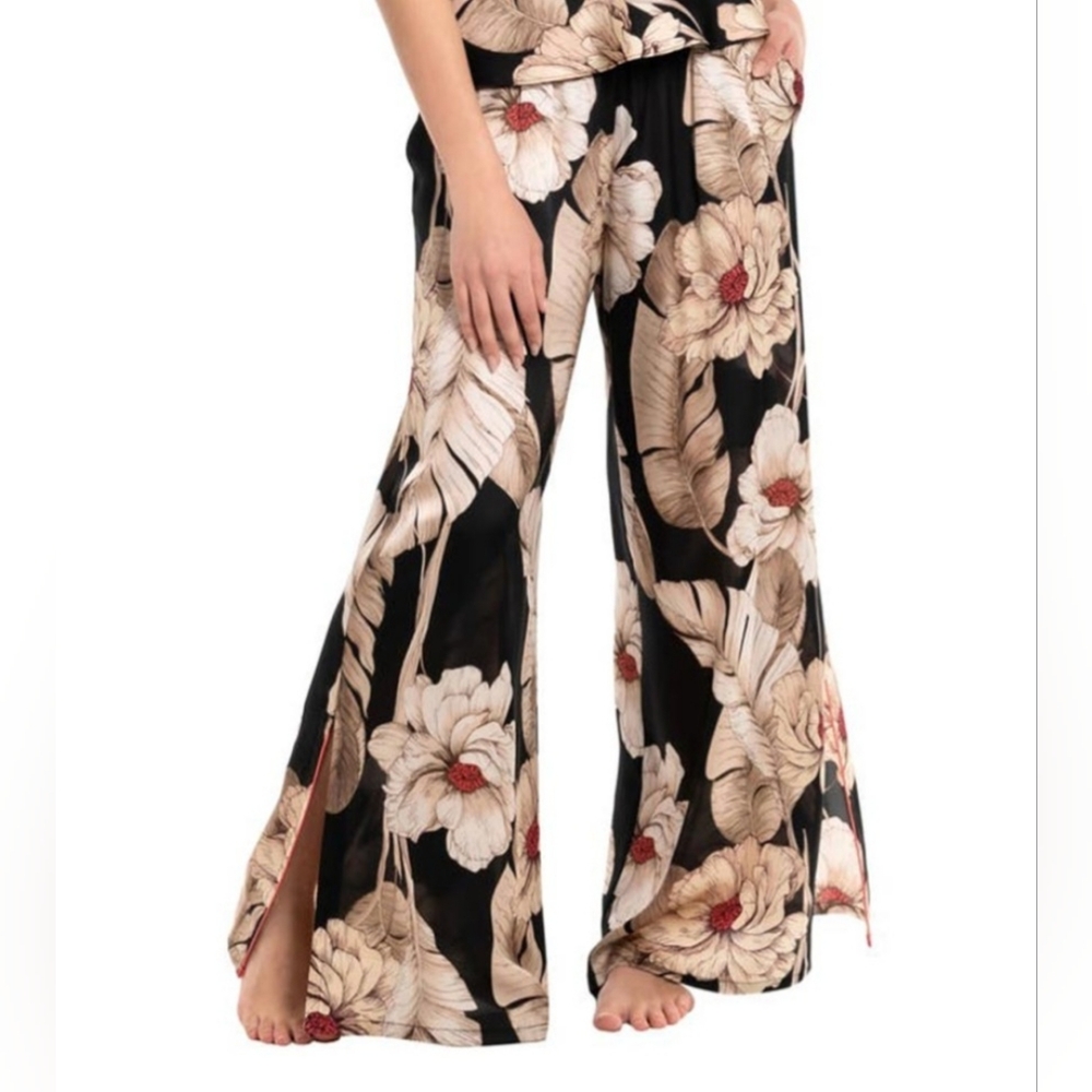 Women's WIDE LEG Satin Floral Lounge Pants Side Slits Black Creme Red Romantic